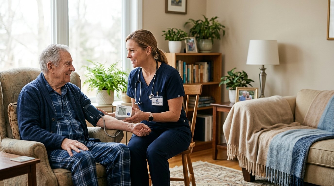 Profesional de salud midiendo la presión en una visita de asistencia domiciliaria